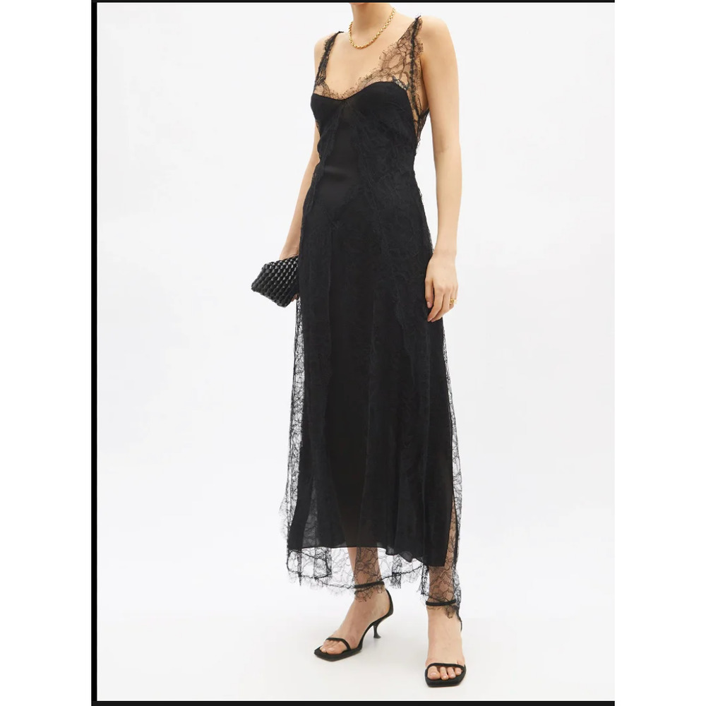 Khaite Ash Plunge Back Chantilly Silk Lace Slip Maxi Dress Black Size Large